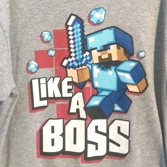 Mojang Jinx Minecraft Kids Size 10/12 T-Shirt Like A Boss Gray Graphic Tee - Picture 3 of 6